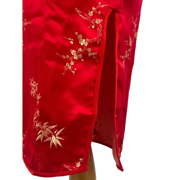 Vintage Y2K 90s DiYuange Red Satin Gold Floral Embroidered Cheongsam Qipao Dress - Picture 11 of 16